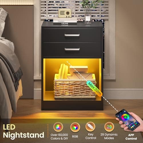 ADORNEVE Black Nightstands Set of 2 with Charging and LED Lights