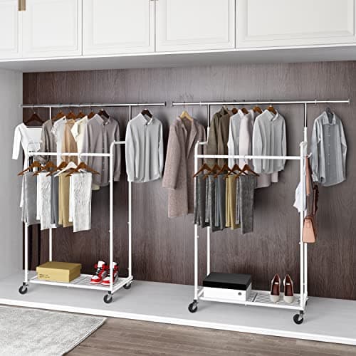 Extendable Rolling Clothing Organizer with Hooks and Shelves, White