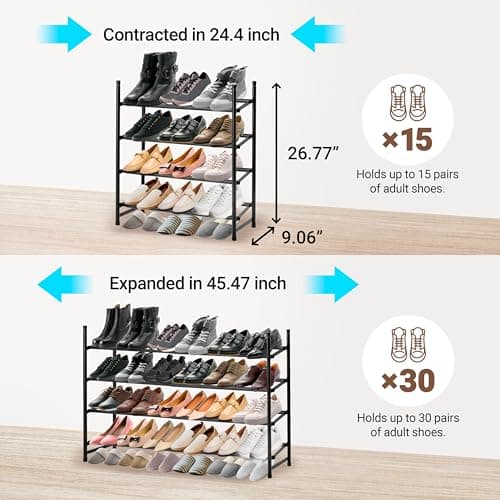 ikloo 4-Tier Expandable Shoe Rack for Closets & Entryways | Black