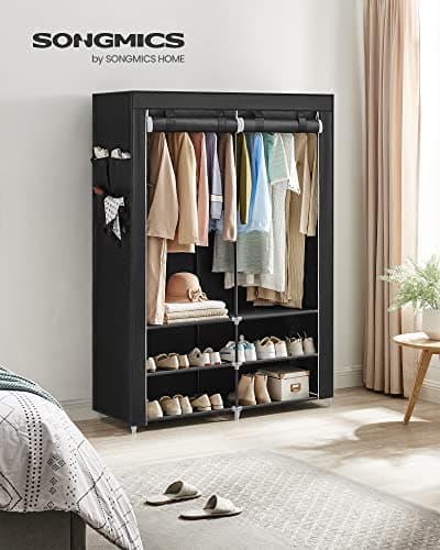 SONGMICS Spacious Portable Closet with Shoe Rack & Cover, 2 Rods, Shelves, & Pockets, Black URYG008B02