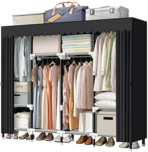 Loceme 67 Inch Portable Wardrobe Closet with 4 Hanging Rods, 25mm Steel Tube, Gray Cover