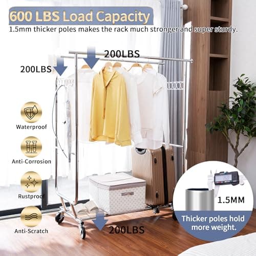 Heavy Duty Clothing Rack with Wheels, 600lbs Double Rod