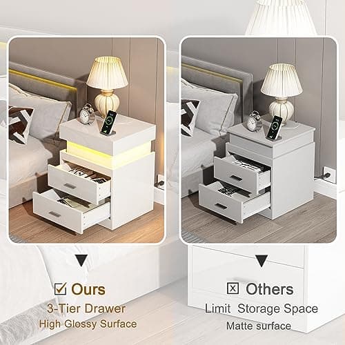 ChooChoo Smart Nightstand with Charging, Sliding Top Storage, 2-Drawers, Modern Bedside Table, White