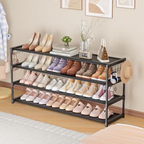 4-Tier Shoe Organizer with Hooks, Sturdy Durable Rack for Closet Entryway, Up to 26 Pairs Space-Saving Shoes Holder