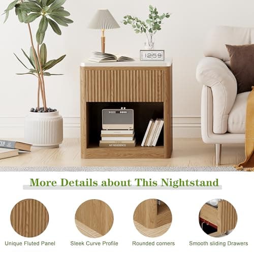 Yusong Natural Oak Fluted Nightstand with Drawer, Large Bedside Table