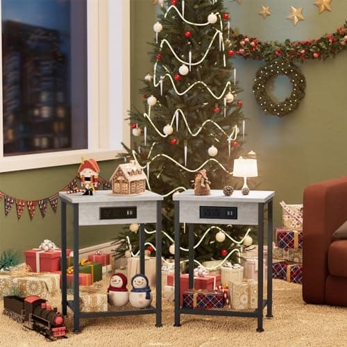 Fixwal End Table Set of 2 with Charging Station (Light Walnut Gray)