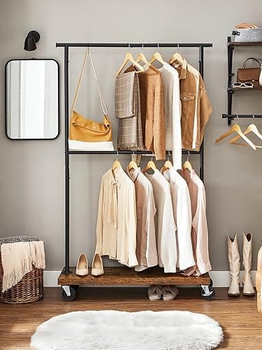VASAGLE Extendable Clothing Rack with Wheels, Rustic Brown and Black URGR111B01V1