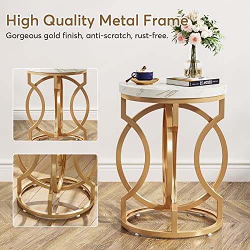Tribesigns White + Gold O-Shaped Metal Base Round End Table Set of 2