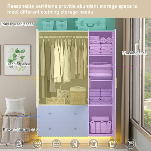 Modern White 3 Door Wardrobe with Mirror & LED Lights, Bedroom Armoire Drawers & Shelves