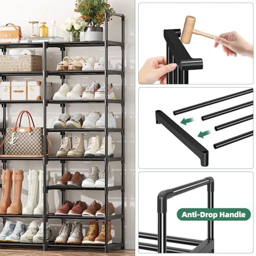 Tall Shoe Organizer Shelf 8 Tier Holds 64 Pairs, Black & DIY Style