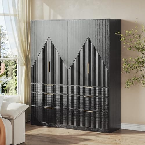 71.7" Black Freestanding Wooden Wardrobe Armoire with 2 Doors 3 Drawers