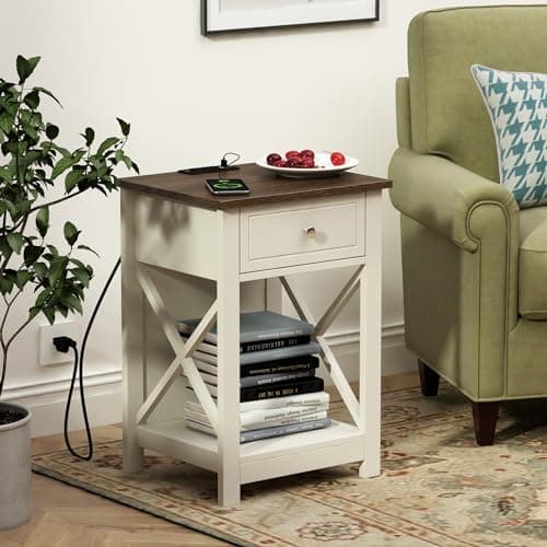 Treocho Farmhouse End Table Set of 2 with Charging Station