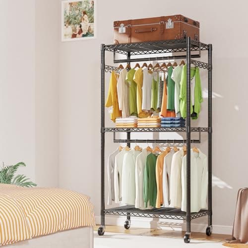 LEHOM G1M Heavy Duty 3-Tier Rolling Clothes Rack with Storage