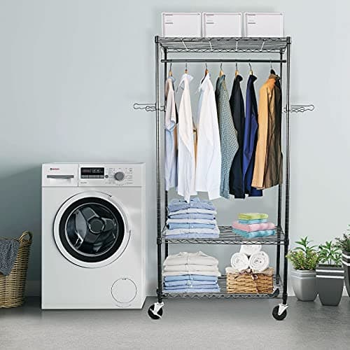 Large Heavy Duty WDT Rolling Clothes Rack with Shelves & Adjustable Garment Rods