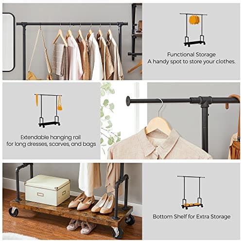 VASAGLE Rolling Garment Rack with Shelf, Heavy-Duty Rustic Brown and Black URGR110B01