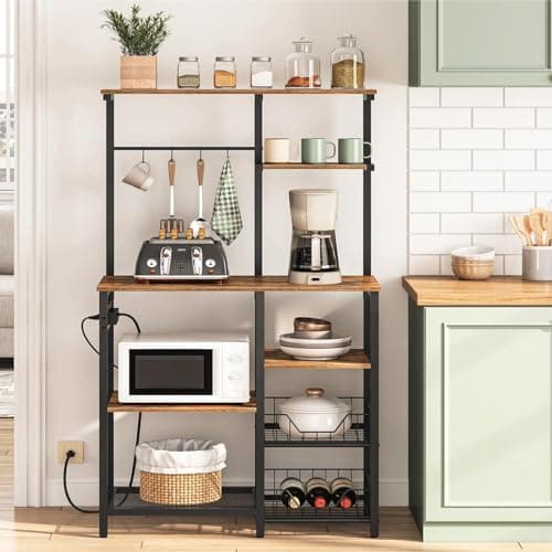 Rustic Brown & Black HOOBRO 6-Tier Bakers Rack with Power Outlets & Wire Basket