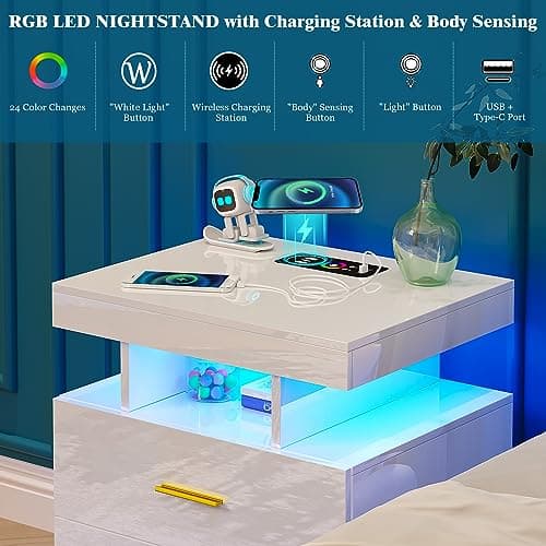 High Gloss Nightstand with USB/Wireless Charging, LED White Side Table with Storage Drawers