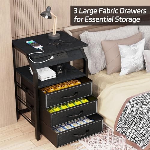 Modern Black End Tables Set of 2 with Charging & LED Lights & 3 Drawers