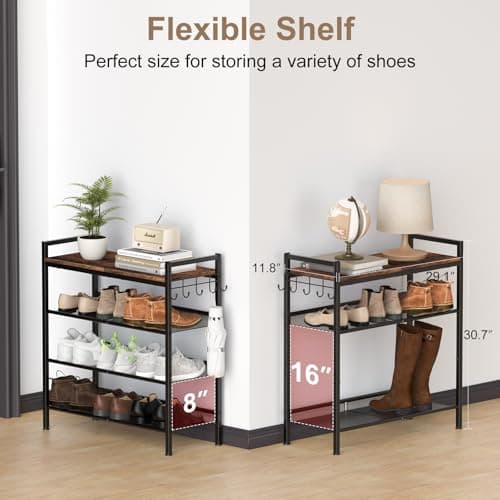 Height-Adjustable 4-Tier Metal Shoe Rack with Steel Frame and Hook, Sturdy Wooden Top