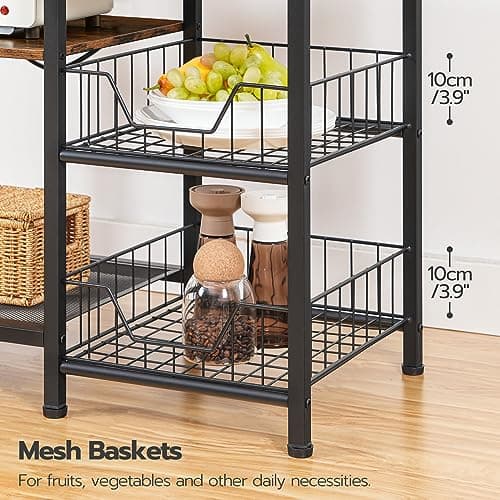 Rustic Brown & Black HOOBRO 6-Tier Bakers Rack with Power Outlets & Wire Basket