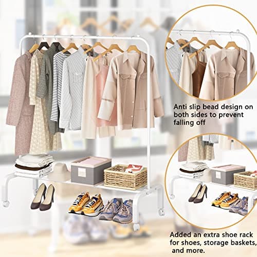 White Metal Rolling Clothes Rack with Bottom Shelf