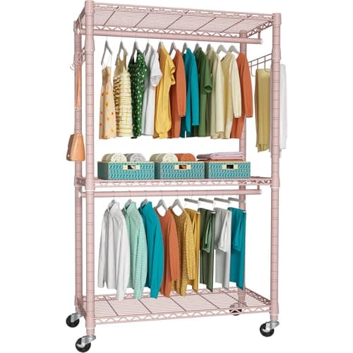 Heavy Duty 3-Tier Metal Closet Organizer, Rolling with Lock & Hooks, Max 450 LBS, Black