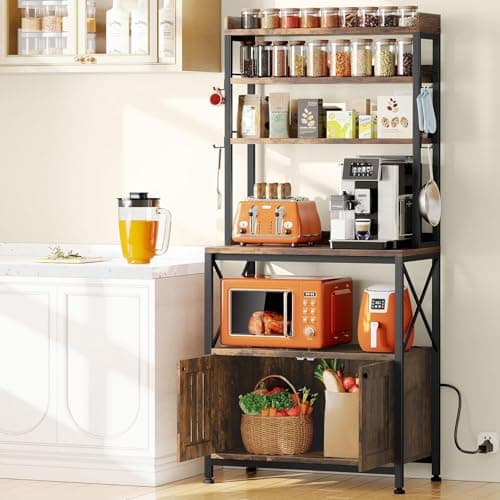 EasyCom 6-Tier Microwave Bakers Rack with Power Outlet & Storage Cabinet