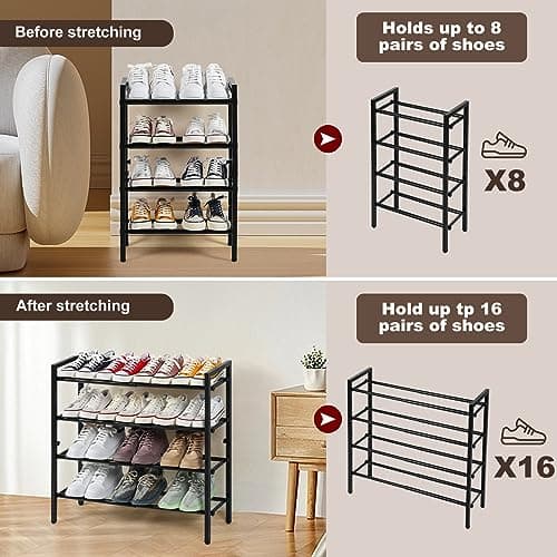 SALADAYS 4-Tier Expandable Shoe Rack, Durable Metal Storage Organizer (Black)