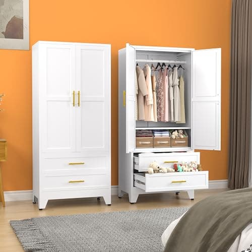 Green Metal Armoire Wardrobe with Shelves and Rod (71")