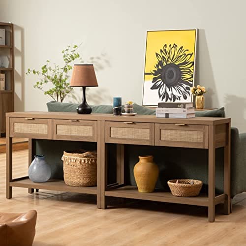 Boho Console Table Set with Rattan Drawers for Living Room