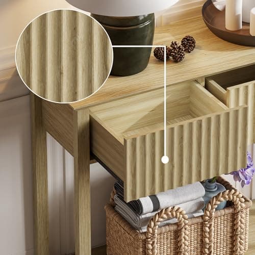 Treocho 47" Fluted Console Table with 3 Drawers, Oak Storage Foyer Table for Entryway, Living Room