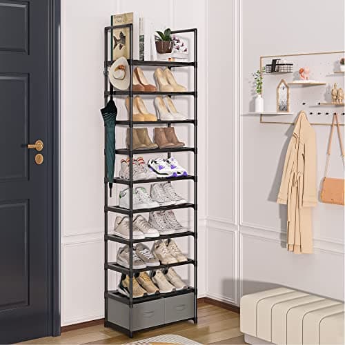 Narrow 10-Tier Shoe Rack, Sturdy Metal Stand, 20-25 Pair Storage for Closet