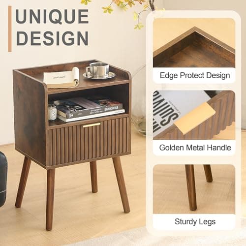 AWASEN Mid Century Modern Nightstand, Fluted Drawers, Rustic Brown for Living Room & Bedroom