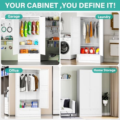 White Metal Armoire Wardrobe with Drawer & Rod, Adjustable Shelves