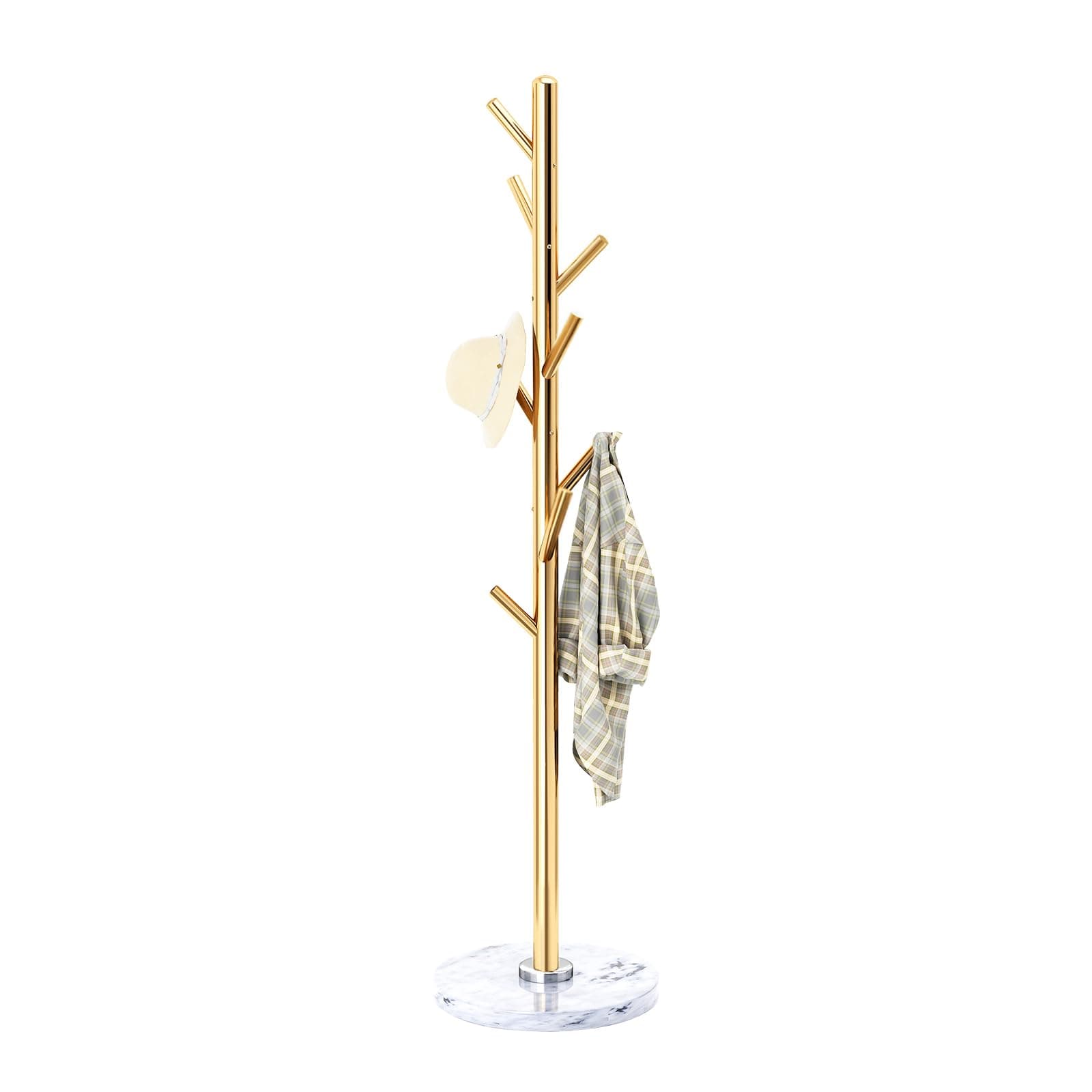 Golden Solid Stainless Steel Coat Rack with 8 Hooks and Natural Marble Base