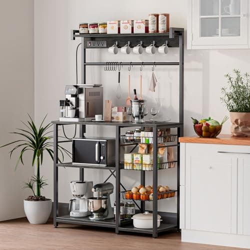 Gray Oak Large Bakers Rack with Power Outlets, 38.8 Inches, 15 Hooks, 3 Wire Baskets
