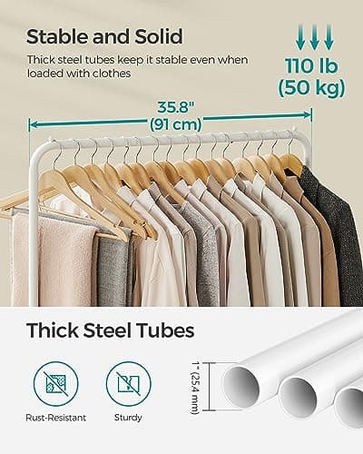 SONGMICS Rolling Double-Rod Clothes Rack, 110 lb Capacity, White