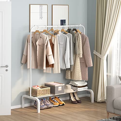 White Metal Clothes Rack with Bottom Shelf for Hanging Shirts Jeans Coats