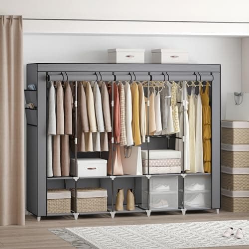 83 Inch Wide Portable Closet Wardrobe with Cover, Hanging Rods & Shelves, Grey