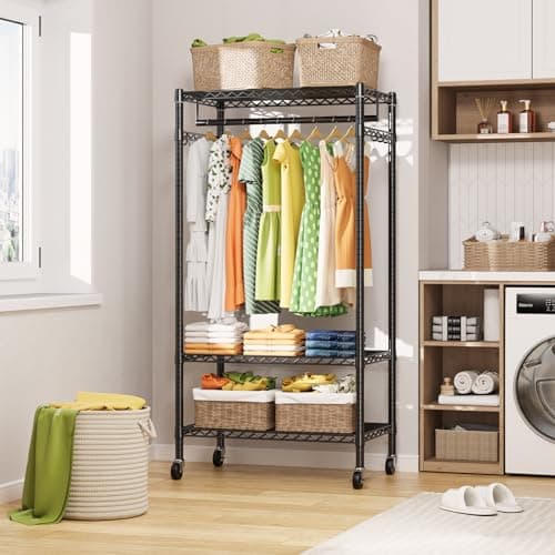LEHOM G1M Heavy Duty 3-Tier Rolling Clothes Rack with Storage