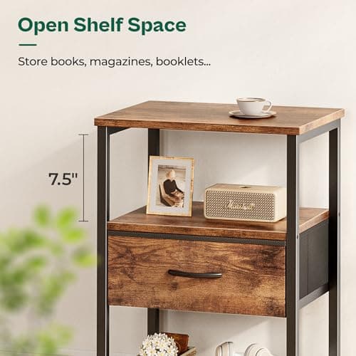 Huurger Nightstand Set of 2: Rustic Brown, Fabric Drawers & Mesh Shelf