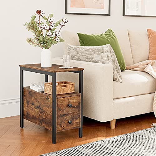 HOOBRO Narrow End Table Set, Drawers for Small Spaces, Rustic Brown & Black BF54BG201G2