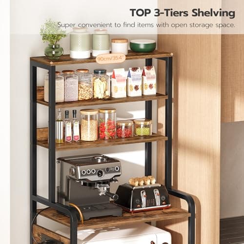 HOOBRO 7-Tier Brown Bakers Rack with Power Outlet & Hooks, Microwave Stand