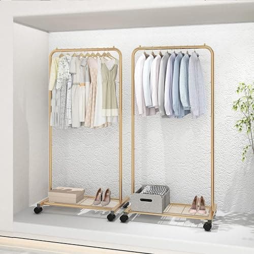 Golden Yellow Clothing Rolling Rack with Mesh Storageshelf