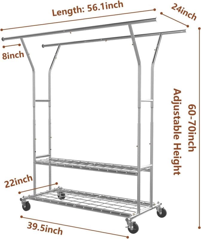 Heavy Duty Clothes Rack 630 LBS, Adjustable Height & Portable