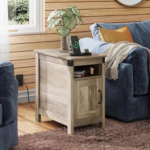 WLIVE Greige Farmhouse End Table Set with Charging Station