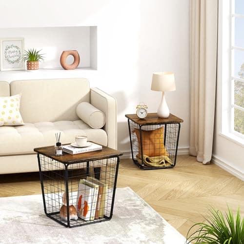 Nesting Coffee Table with Storage - Set of 2 Side Tables with Wire Basket