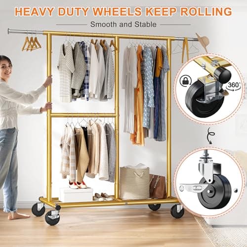 Raybee Gold Heavy Duty Clothing Rack 405 LBS, Rolling Portable Garment Stand