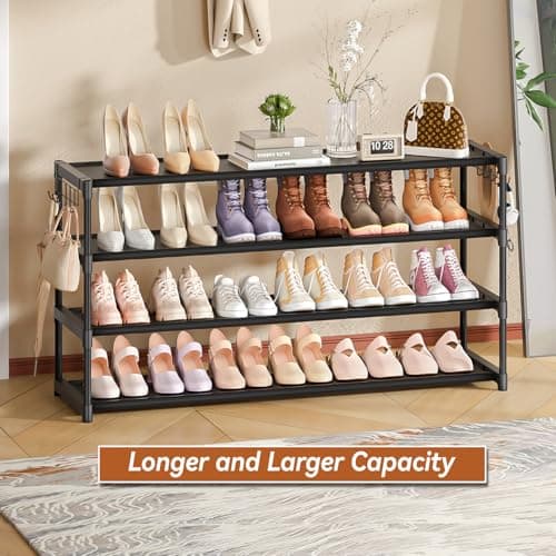 4-Tier Shoe Organizer with Hooks, Sturdy Durable Rack for Closet Entryway, Up to 26 Pairs Space-Saving Shoes Holder