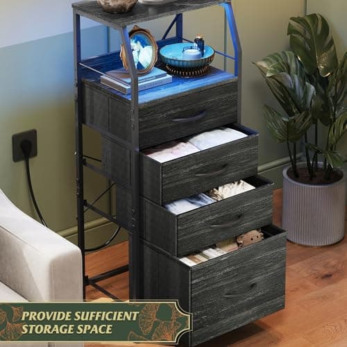 Black WLIVE Nightstand with Charging Station, 4 Drawer Dresser & LED Light